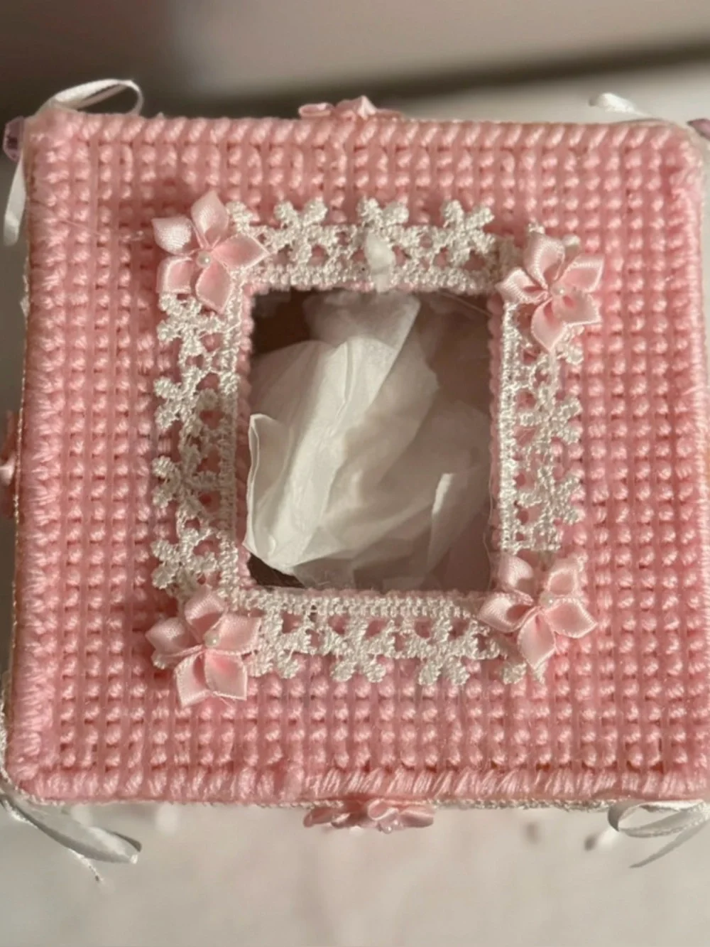 Vintage Pink Plastic Canvas Tissue Box Cover Coquette Lace Bows Handmade
